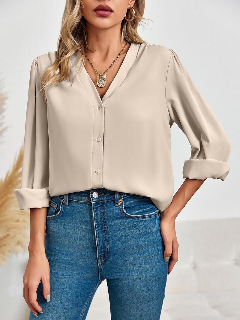 Flowyair Women's Business Casual Tops Summer Long Sleeve Button Down Shirts V Neck Chiffon Blouses A-Beige - Image 3