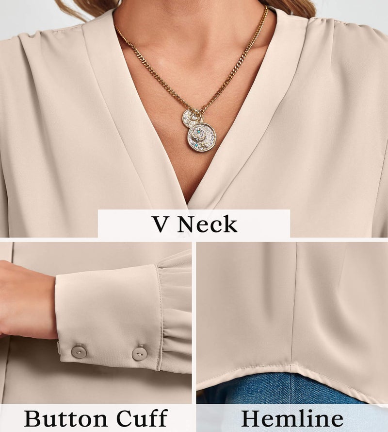 Flowyair Women's Business Casual Tops Summer Long Sleeve Button Down Shirts V Neck Chiffon Blouses A-Beige - Image 5