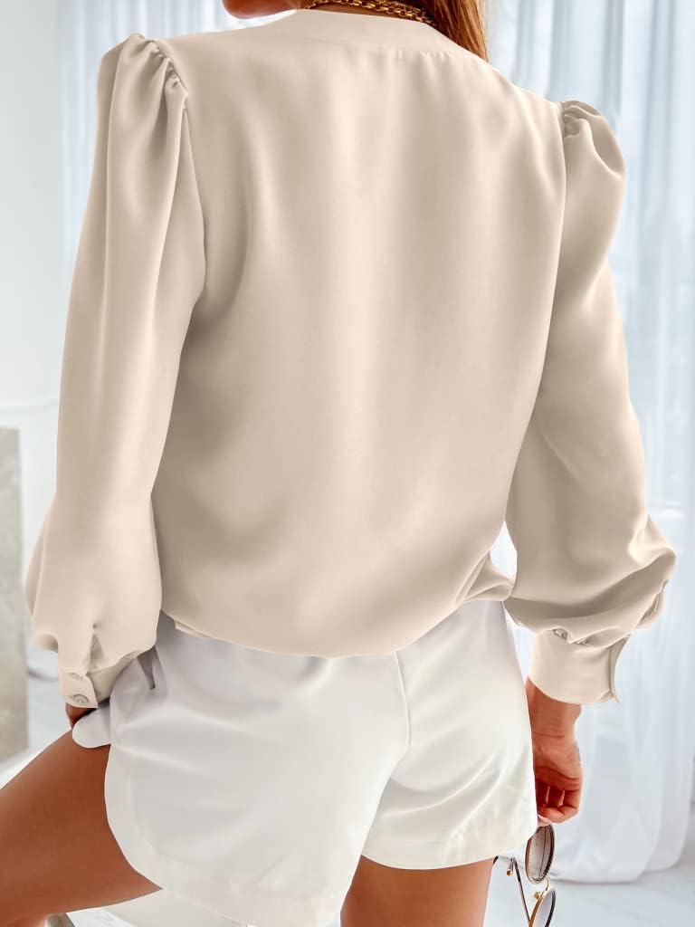 Flowyair Women's Business Casual Tops Summer Long Sleeve Button Down Shirts V Neck Chiffon Blouses A-Beige - Image 2