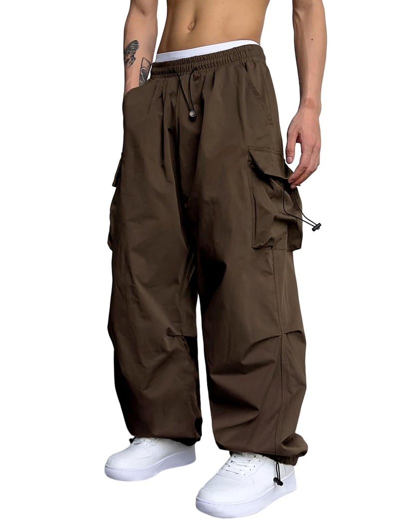 ZAFUL Flat Pocket Parachute Pants for Men Causal Baggy Cargo Pants Unisex Street Y2K Pants Drawstring Trousers Deep Coffee M - Image 1