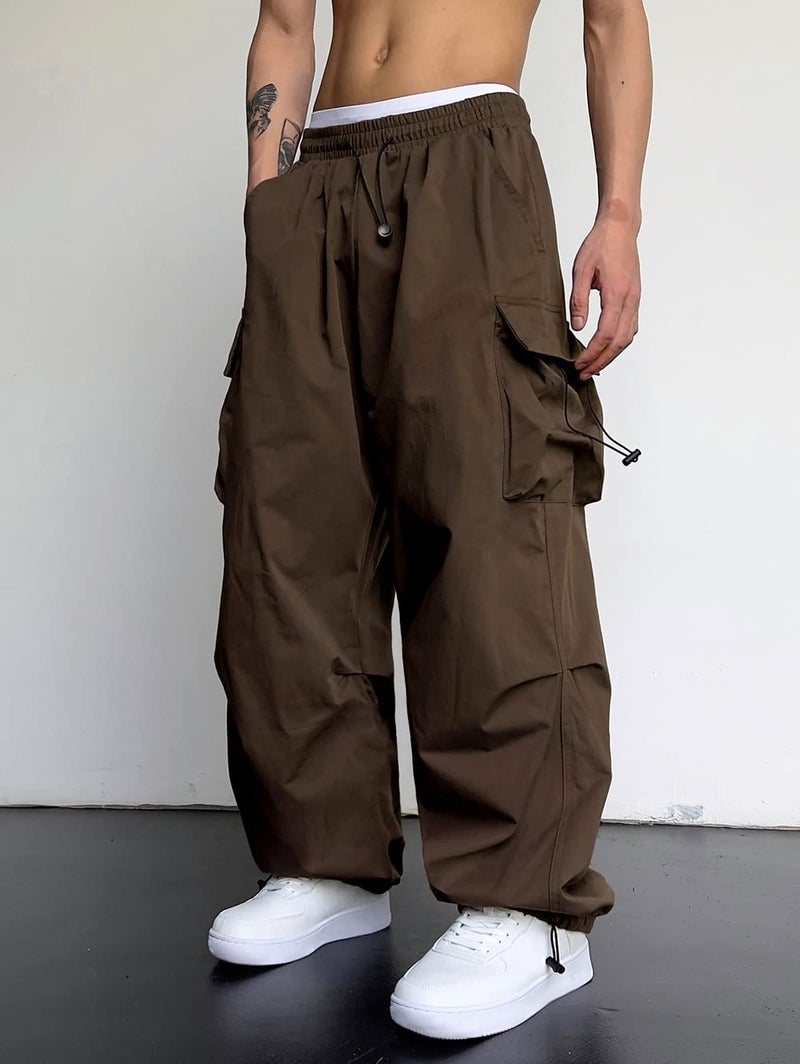 ZAFUL Flat Pocket Parachute Pants for Men Causal Baggy Cargo Pants Unisex Street Y2K Pants Drawstring Trousers Deep Coffee M - Image 5