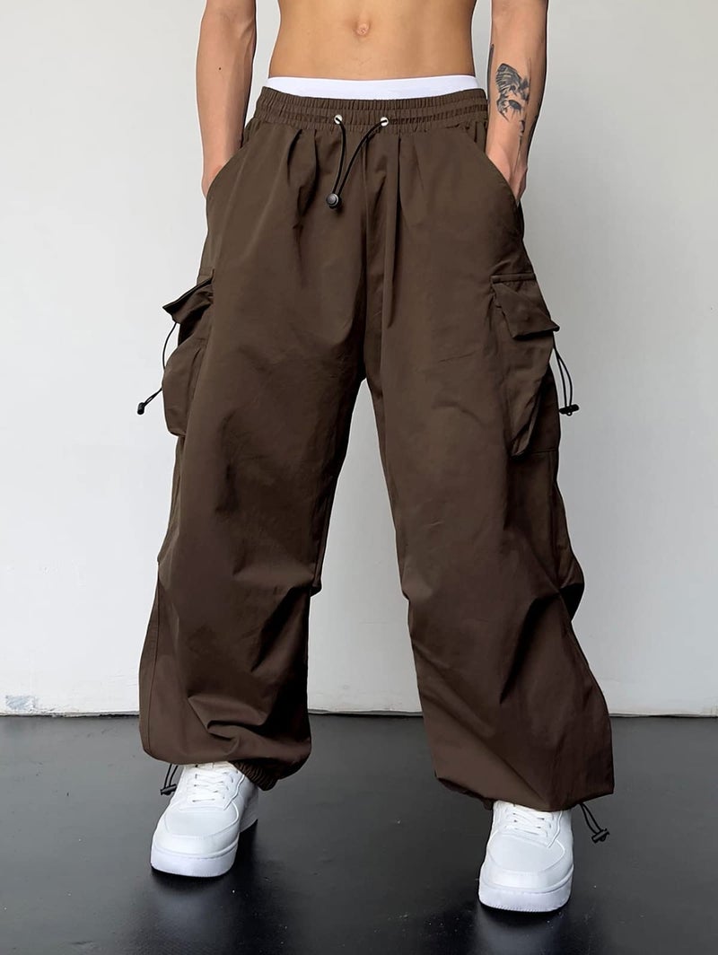 ZAFUL Flat Pocket Parachute Pants for Men Causal Baggy Cargo Pants Unisex Street Y2K Pants Drawstring Trousers Deep Coffee M - Image 4