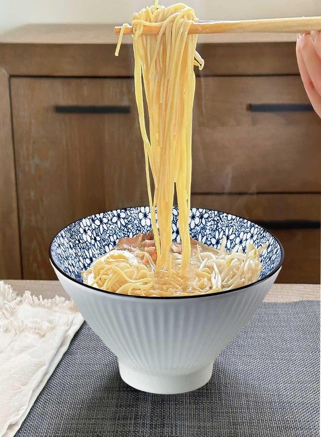 QINLANG 38 oz Japanese Ramen Bowls Set of 6, Pho Bowls, 8 Inches Blue and White Ceramic Soup Bowls, Floral Pattern - Image 4
