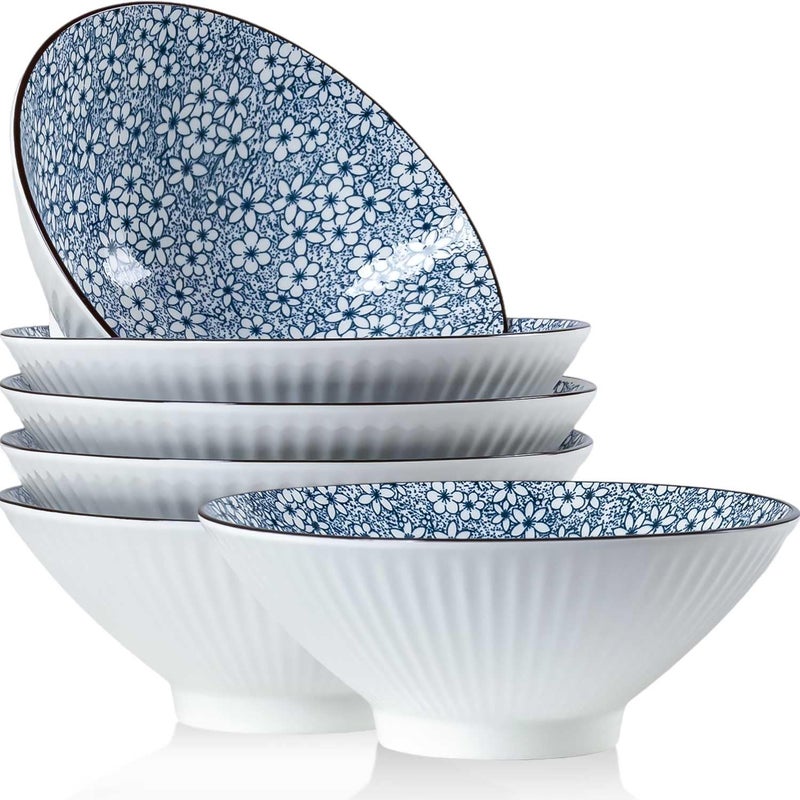 QINLANG 38 oz Japanese Ramen Bowls Set of 6, Pho Bowls, 8 Inches Blue and White Ceramic Soup Bowls, Floral Pattern - Image 1