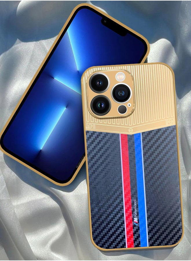 CATANES iPhone 13 Pro Max Luxury Gold Plated Case Hybrid Electroplated Frame Back Cover with Carbon Fiber Pattern  - Image 1