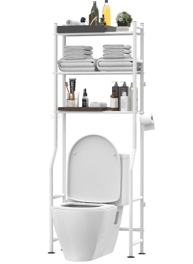 Livilord Over The Toilet Storage with 4 Towel Hooks, 3-Tier Freestanding Bathroom Shelves, Metal Over Toilet Storage Shelf with Paper Holder, Above The Toilet Shelf for Bathroom Storage, White - Image 1