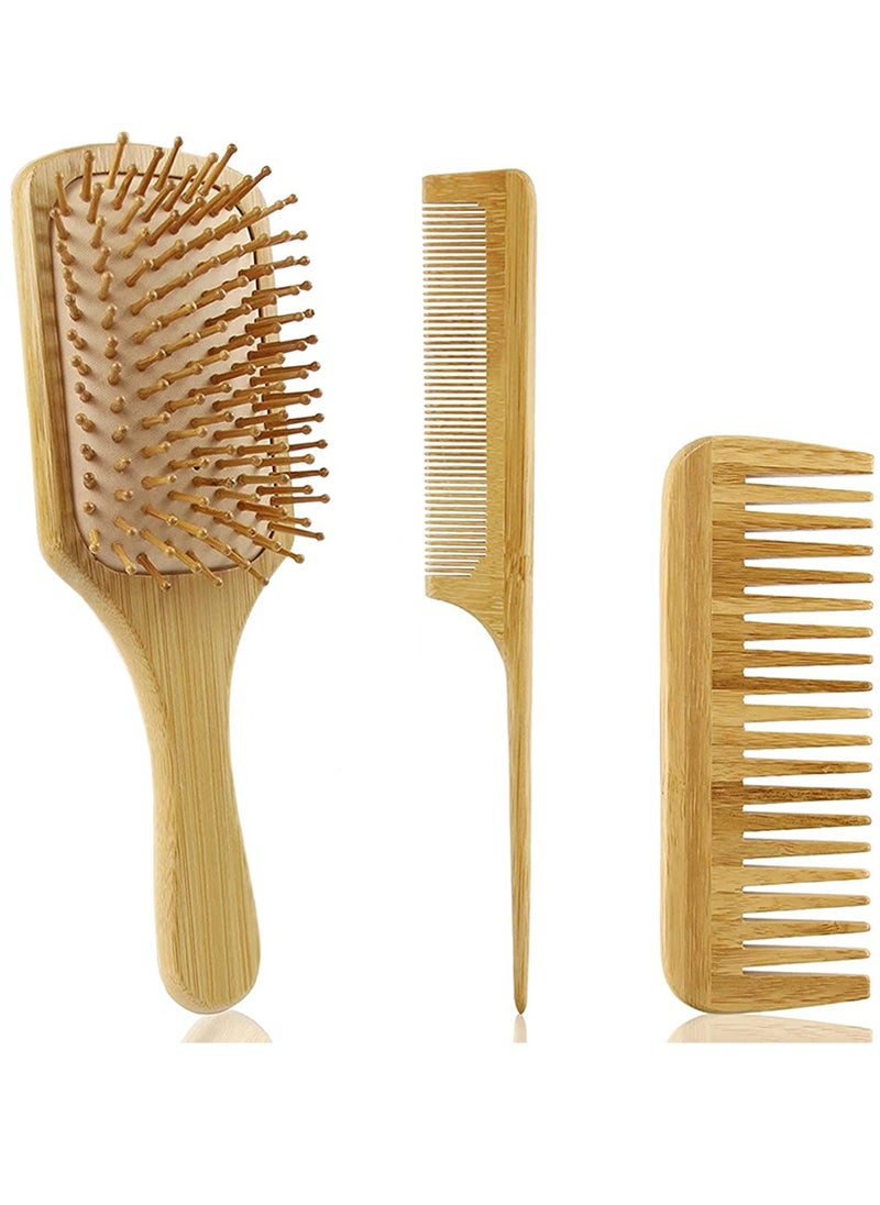 HomarKet 3-Piece Natural Bamboo Paddle Hair Brush And Comb Set Beige  - Image 1
