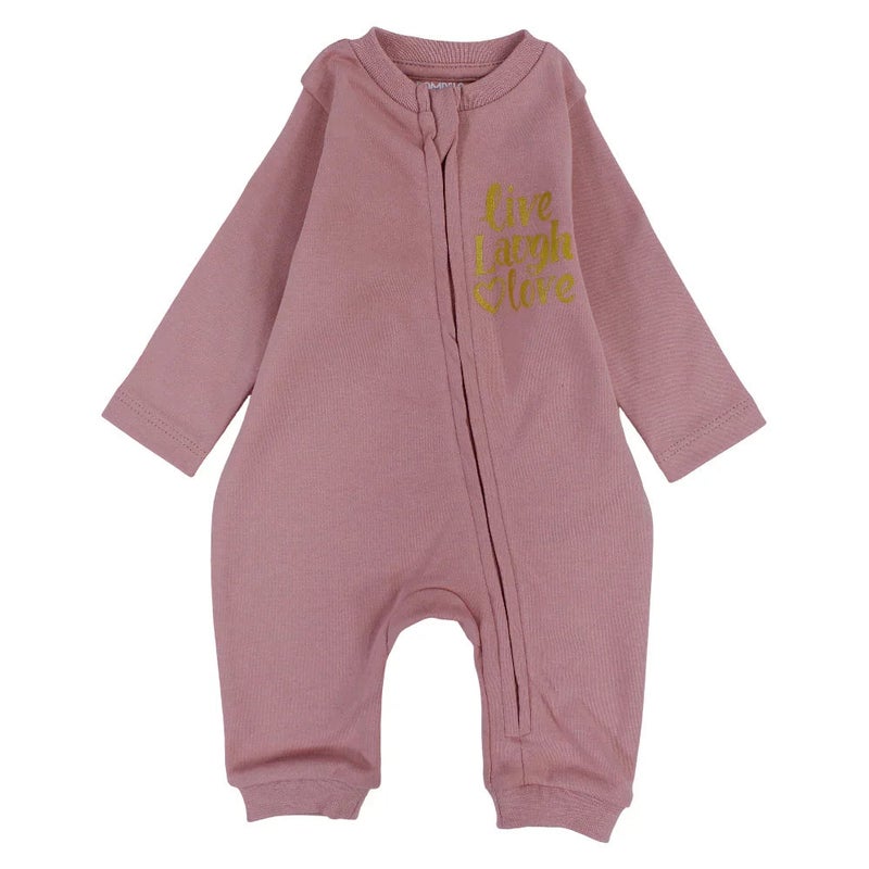 Pompelo Baby Girls Cotton Footless Onesie – Dusty Pink with "Live, Laugh, Love" Design - Image 1