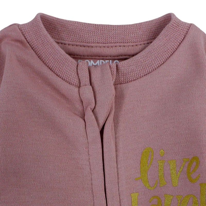 Pompelo Baby Girls Cotton Footless Onesie – Dusty Pink with "Live, Laugh, Love" Design - Image 3