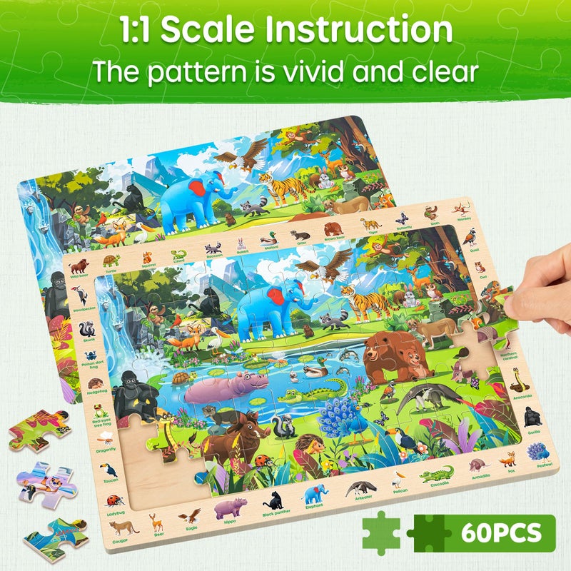 SYNARRY Wooden Puzzles for Kids Ages 4-6, 4 x 60 Piece Match & Find Puzzles for Kids Ages 3-5 Boy Girl, Educational Easter Gifts for 4-8 Year Olds, Learning Jungle Savannah Polar Animals & City Life - Image 3