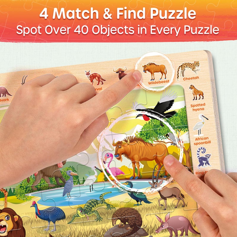 SYNARRY Wooden Puzzles for Kids Ages 4-6, 4 x 60 Piece Match & Find Puzzles for Kids Ages 3-5 Boy Girl, Educational Easter Gifts for 4-8 Year Olds, Learning Jungle Savannah Polar Animals & City Life - Image 4