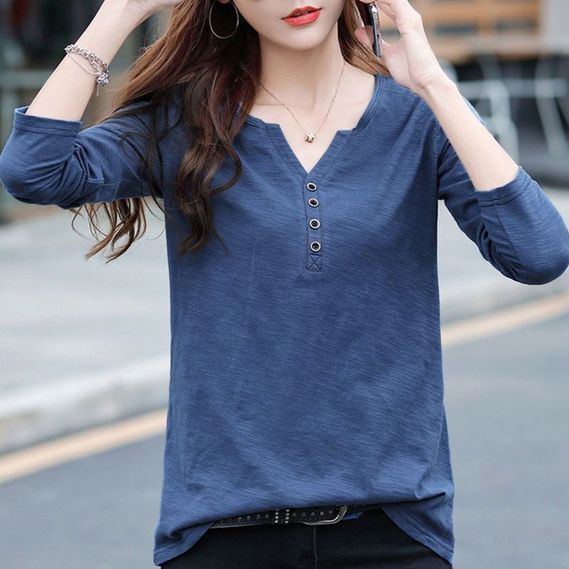 Slub Cotton Long Sleeve T-Shirt Women'S Loose Plus Size 2024 Korean Style Fall/Winter Button V-Neck Ins Top Base Shirt - Image 1