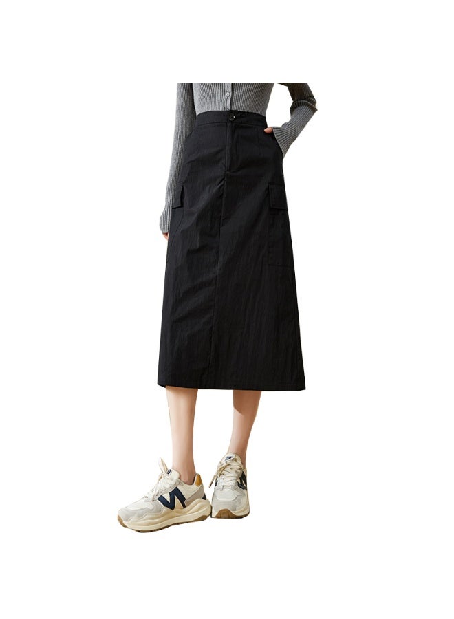 She enjoys Sheen A-line Workwear Style Skirt Spring Autumn Casual Versatile Mid-length Split Skirt T143b2014 - Image 2