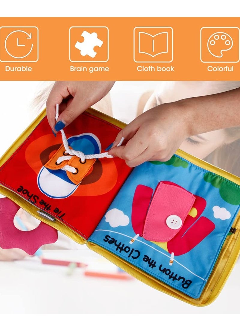SOLARAE كتاب هادئ لنشاطات مونتيسوري - لعبة سفر كتاب قماش للأطفال الصغار - 10 مواضيع، أنشطة للتعلم المبكر حول المهارات الأساسية للحياة للأطفال الصغار، كتاب تفاعلي للأولاد والبنات المشغولين (أصفر) - Image 3