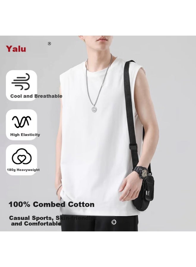 Yalu Vest For Men, Summer Student Trendy Brand, Loose Casual Sleeveless T-shirt, Undershirt, Men's Thin Sports Tank Top, White, XL
