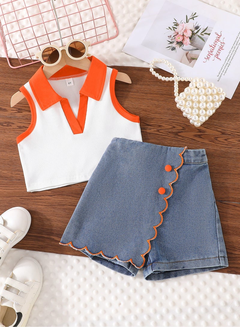 4Y Toddler Girls 2 Pcs Set, Polo-Collar Sleeveless Top with Bright Orange Trim, White & Orange Contrast, Denim Scallop-Edge Skort Set, Casual Summer Outfit for Birthday, Picnic, Travel, Park Playdates  - Image 2