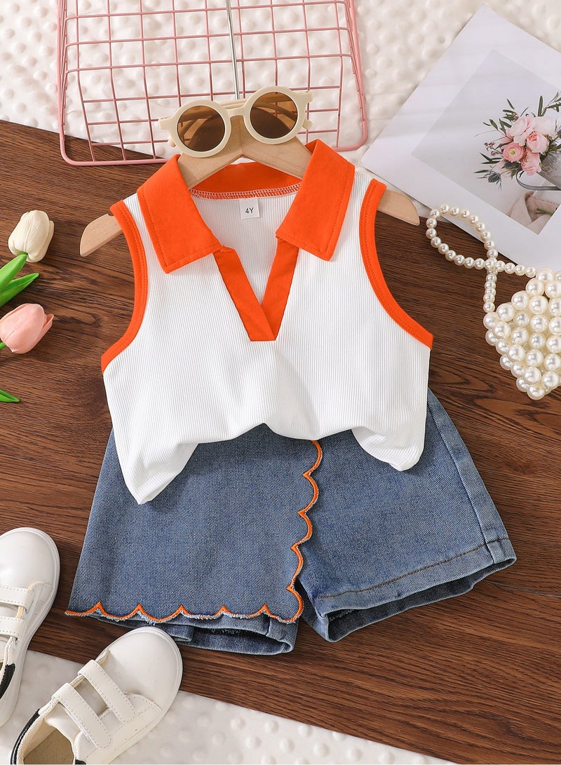 4Y Toddler Girls 2 Pcs Set, Polo-Collar Sleeveless Top with Bright Orange Trim, White & Orange Contrast, Denim Scallop-Edge Skort Set, Casual Summer Outfit for Birthday, Picnic, Travel, Park Playdates  - Image 1