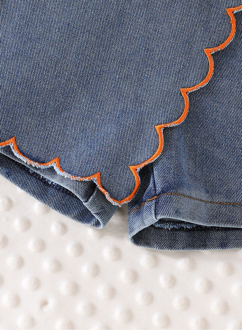 4Y Toddler Girls 2 Pcs Set, Polo-Collar Sleeveless Top with Bright Orange Trim, White & Orange Contrast, Denim Scallop-Edge Skort Set, Casual Summer Outfit for Birthday, Picnic, Travel, Park Playdates  - Image 4