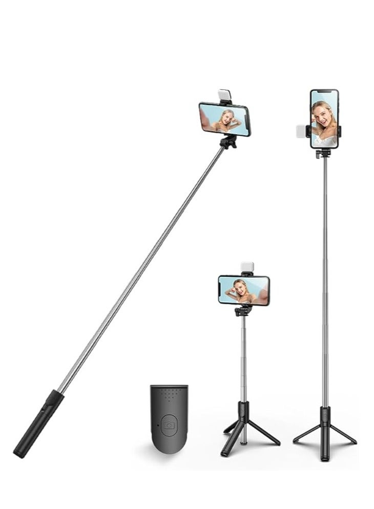 Selfie stick tripod with light, retractable 360° swivel tripod with detachable wireless remote control portable 3-in-1 phone holder - Image 1