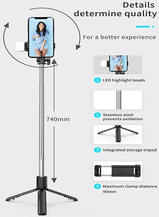 Selfie stick tripod with light, retractable 360° swivel tripod with detachable wireless remote control portable 3-in-1 phone holder - Image 5