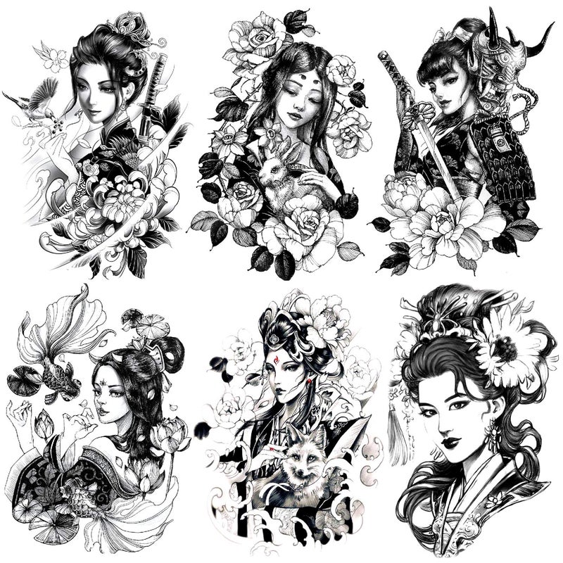 Oottati Oottati 6 Sheets Black Japan Warrior Samurai Goldfish Geisha Bird Lotus Prajna Rabbit Temporary Tattoos 