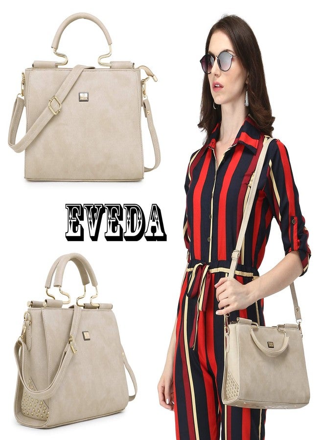 EVEDA PU Synthetic Leather Stylish Fancy Top Handle Daytrip Crossbody Handheld Handbag For Women (Cream) - Image 4