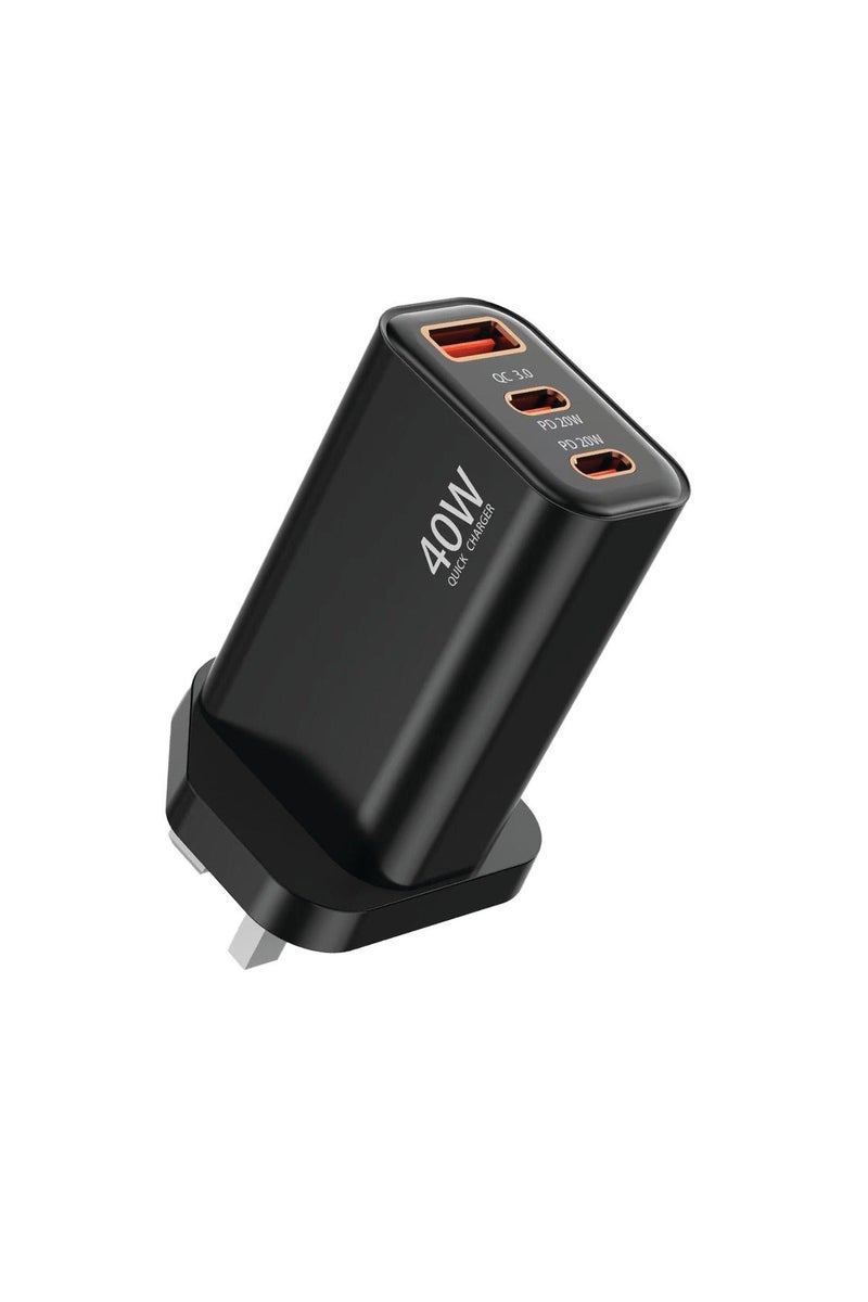 Denx DX244 40W Fast Wall Charger UK 3-Pin, Dual USB-C PD + USB-A QC 3.0 Home Charger, Power Delivery Fast Charging Adapter with Smart Chip & Over-Charging Protection, Compatible with Smartphones, Tablets & More, 1 Year Warranty - Image 1