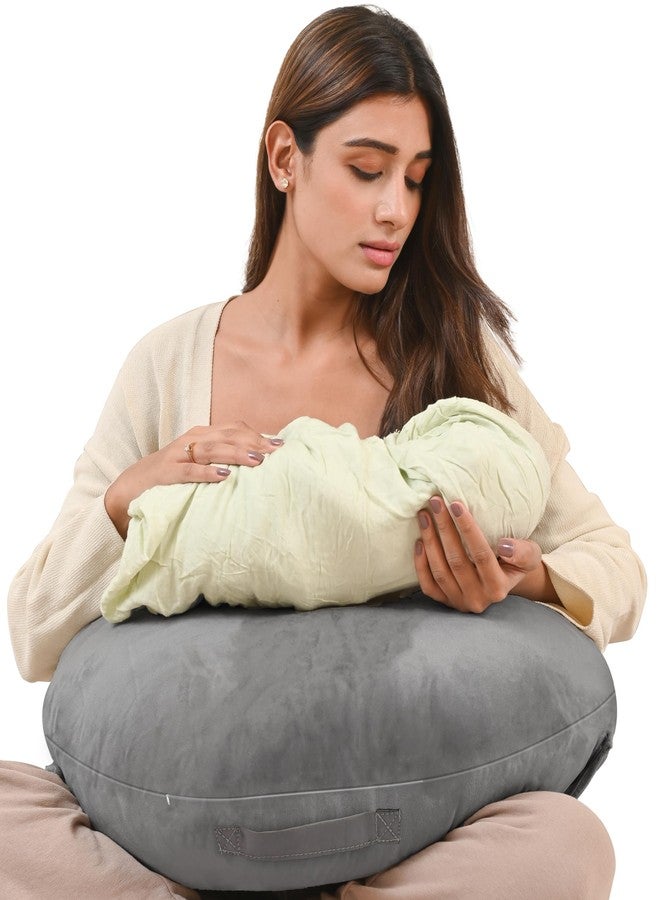 Cherilo Feeding Pillow for New Born Baby | Nursing, Bottle Feeding & Breast Feeding Pillow | Baby Support Pillows with Adjustable Waist Strap | Premium Soft Velvet Fabric - Grey - Image 1