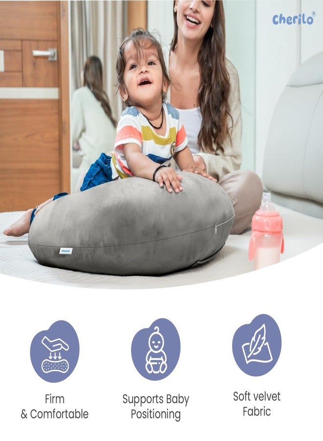 Cherilo Feeding Pillow for New Born Baby | Nursing, Bottle Feeding & Breast Feeding Pillow | Baby Support Pillows with Adjustable Waist Strap | Premium Soft Velvet Fabric - Grey - Image 3