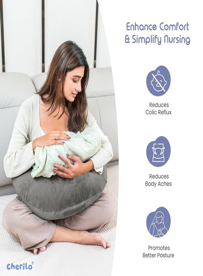Cherilo Feeding Pillow for New Born Baby | Nursing, Bottle Feeding & Breast Feeding Pillow | Baby Support Pillows with Adjustable Waist Strap | Premium Soft Velvet Fabric - Grey - Image 2