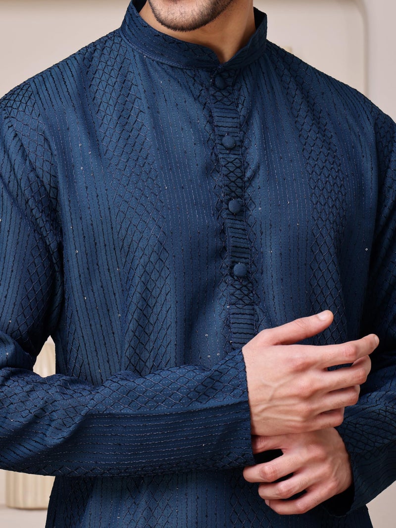 Vardha Men's Navy Blue Sequin Embroidered Kurta for Men in Cotton Blend with Striped Sequin Dots and Threads Weave Ethnic Kurtas Size -M - Image 5