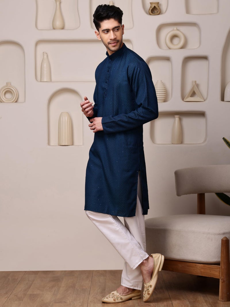 Vardha Men's Navy Blue Sequin Embroidered Kurta for Men in Cotton Blend with Striped Sequin Dots and Threads Weave Ethnic Kurtas Size -M - Image 4
