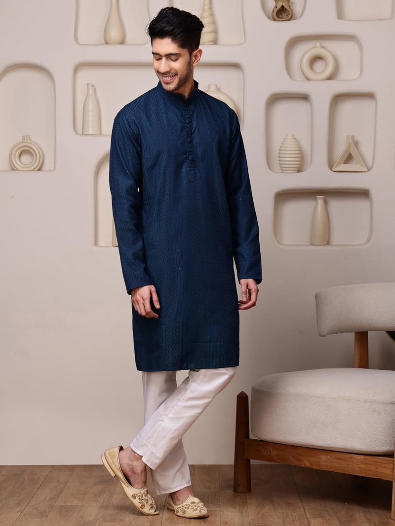 Vardha Men's Navy Blue Sequin Embroidered Kurta for Men in Cotton Blend with Striped Sequin Dots and Threads Weave Ethnic Kurtas Size -M - Image 3