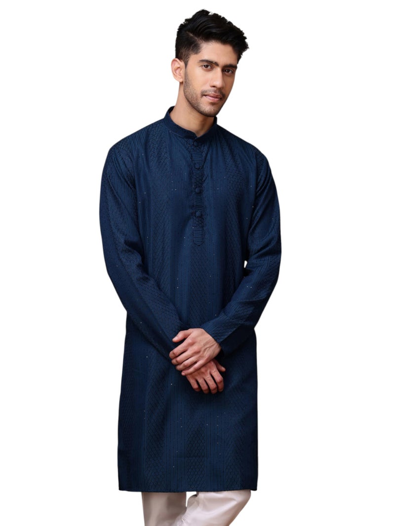 Vardha Men's Navy Blue Sequin Embroidered Kurta for Men in Cotton Blend with Striped Sequin Dots and Threads Weave Ethnic Kurtas Size -M - Image 1