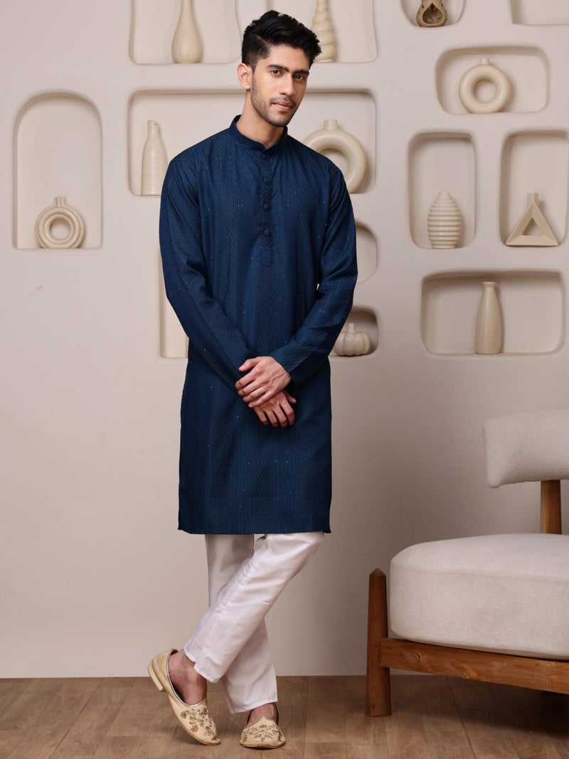 Vardha Men's Navy Blue Sequin Embroidered Kurta for Men in Cotton Blend with Striped Sequin Dots and Threads Weave Ethnic Kurtas Size -M - Image 2