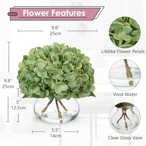 Hollyone Hydrangea Artificial Flowers with Glass Vase Dark Green Silk Faux Flowers Arrangements in Vase with Faux Water Fake Floral Bulk Bouquet for Home Decor Table Centerpiece Decorations - Image 3