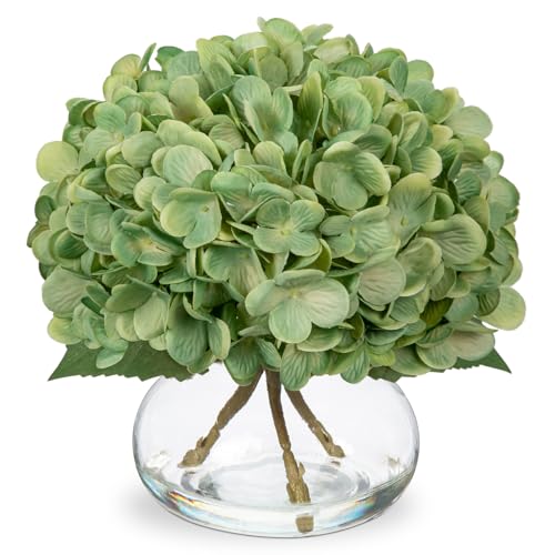 Hollyone Hydrangea Artificial Flowers with Glass Vase Dark Green Silk Faux Flowers Arrangements in Vase with Faux Water Fake Floral Bulk Bouquet for Home Decor Table Centerpiece Decorations - Image 1