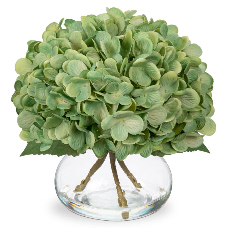 Hollyone Hydrangea Artificial Flowers with Glass Vase Dark Green Silk Faux Flowers Arrangements in Vase with Faux Water Fake Floral Bulk Bouquet for Home Decor Table Centerpiece Decorations - Image 2