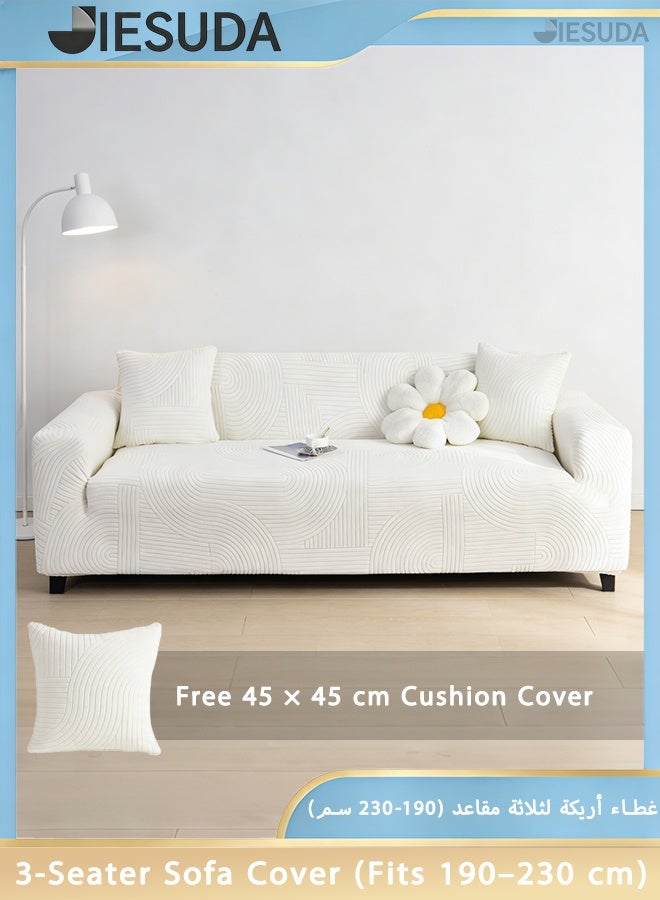 JieSuDa 3 Seater Sofa Cover 190–230cm Swiss Roll Style 3D Jacquard Velvet Stretch Couch Slipcover Full Wrap Sofa Protector with Free Cushion Cover 45x45cm Creamy White Machine Washable - Image 1