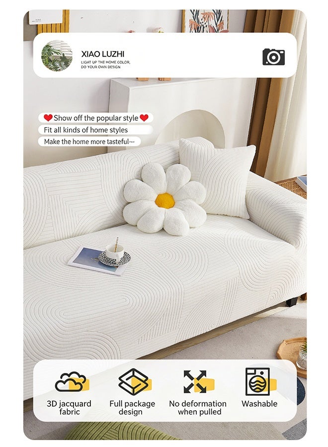 JieSuDa 3 Seater Sofa Cover 190–230cm Swiss Roll Style 3D Jacquard Velvet Stretch Couch Slipcover Full Wrap Sofa Protector with Free Cushion Cover 45x45cm Creamy White Machine Washable - Image 3