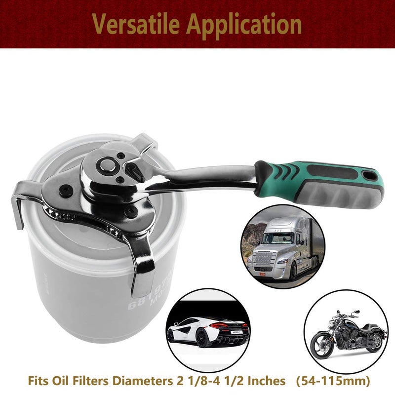 Moker Universal Oil Filter Wrench Adjustable, 3 Jaw Oil Filter Remover Tools fits Filters from 2-1/8 To 4-1/2 inches(54-115mm),w/Quick Release Ratchet, Oil Filter Change Set, Ideal for Engine Filters - Image 2
