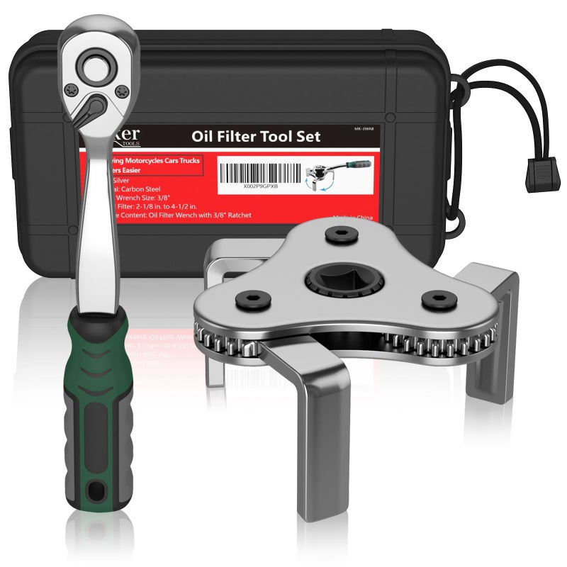 Moker Universal Oil Filter Wrench Adjustable, 3 Jaw Oil Filter Remover Tools fits Filters from 2-1/8 To 4-1/2 inches(54-115mm),w/Quick Release Ratchet, Oil Filter Change Set, Ideal for Engine Filters - Image 1