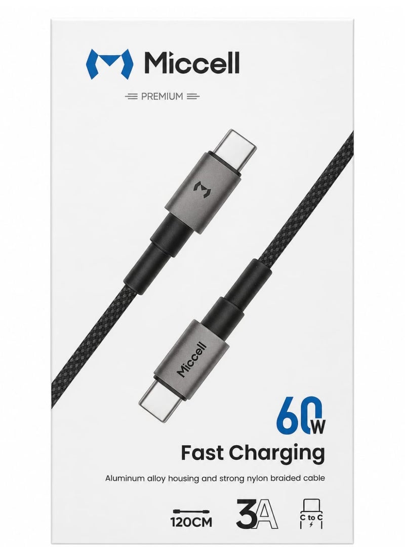 ميكسل كابل Miccell USB-C إلى USB-C بطول 1 متر، شحن سريع 60 واط، سلك مضفر من النايلون - Image 2