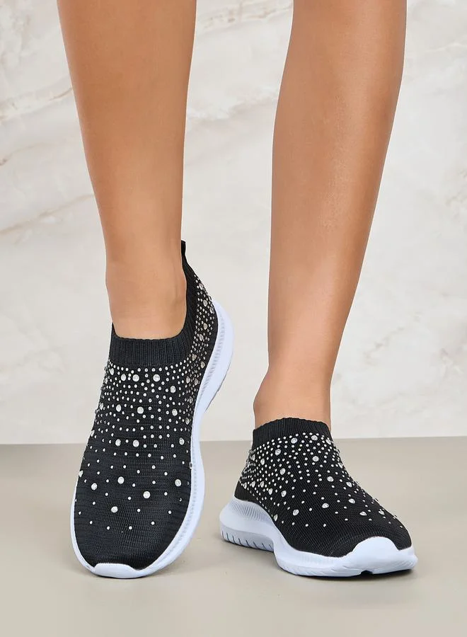 Styli Embellished Knit Slip On Shoes