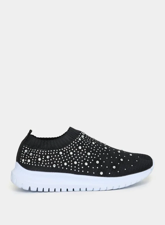 Styli Embellished Knit Slip On Shoes