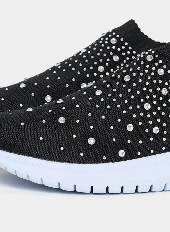 Styli Embellished Knit Slip On Shoes