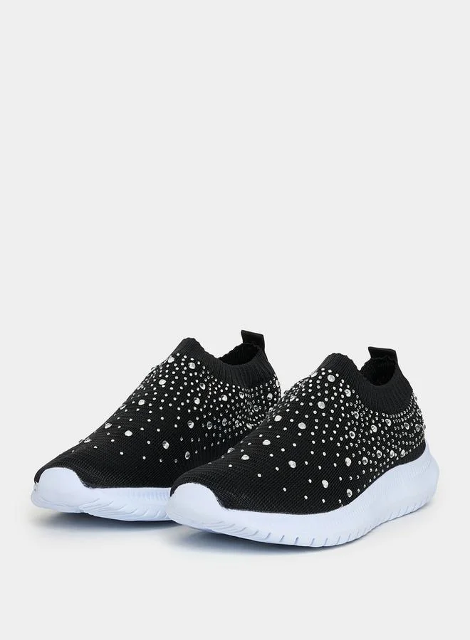 Styli Embellished Knit Slip On Shoes