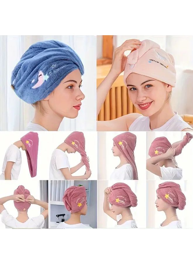 1pc Ultra Soft Microfiber Hair Towel Cap With Button Closure Super Absorbent Quick Dry Blue For Post Shower Hair Care With Star And Rainbow Embroidery Hairstyling Wrap Bathroom Accessories - Image 2