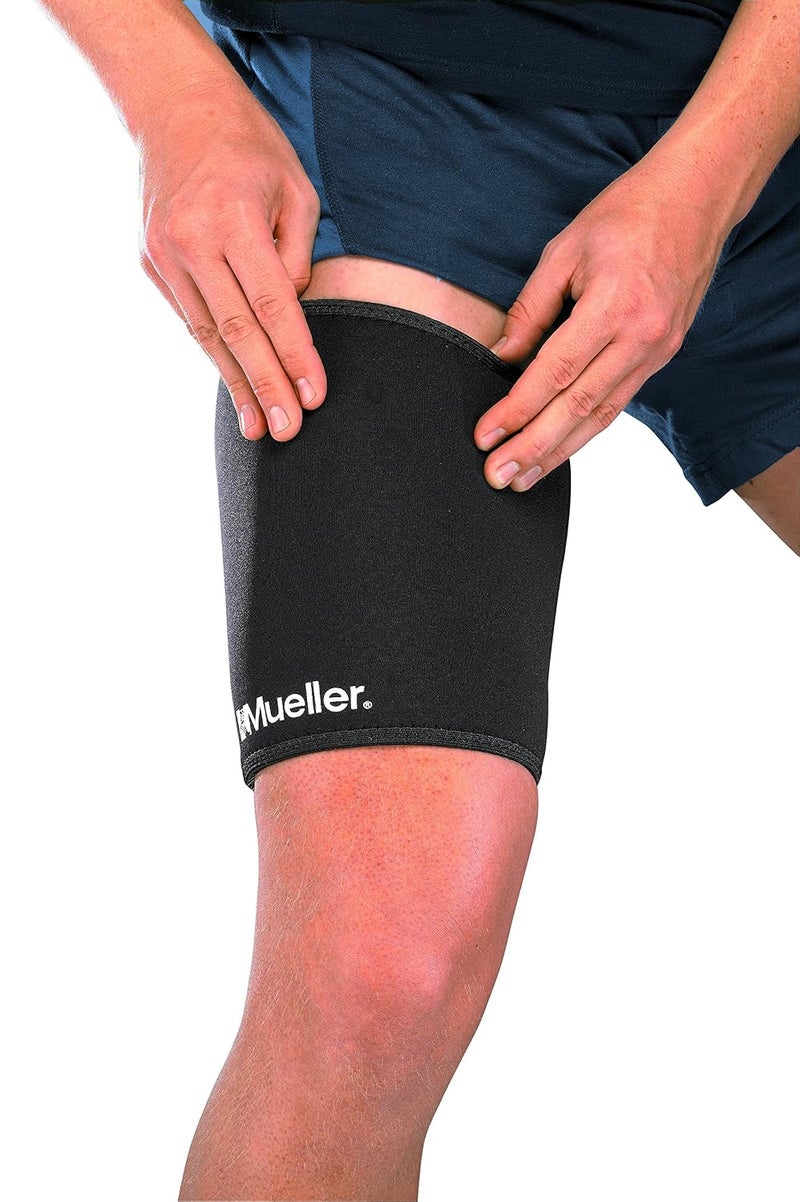 مولر كمّ الضغط للفخذ من Sports Medicine للرجال والنساء، دعم لتخفيف آلام الساق، مثالي للإجهاد والتيبس في عضلات الفخذ الأمامية والخلفية، يناسب الساق اليمنى أو اليسرى، أسود، كبير - Image 2