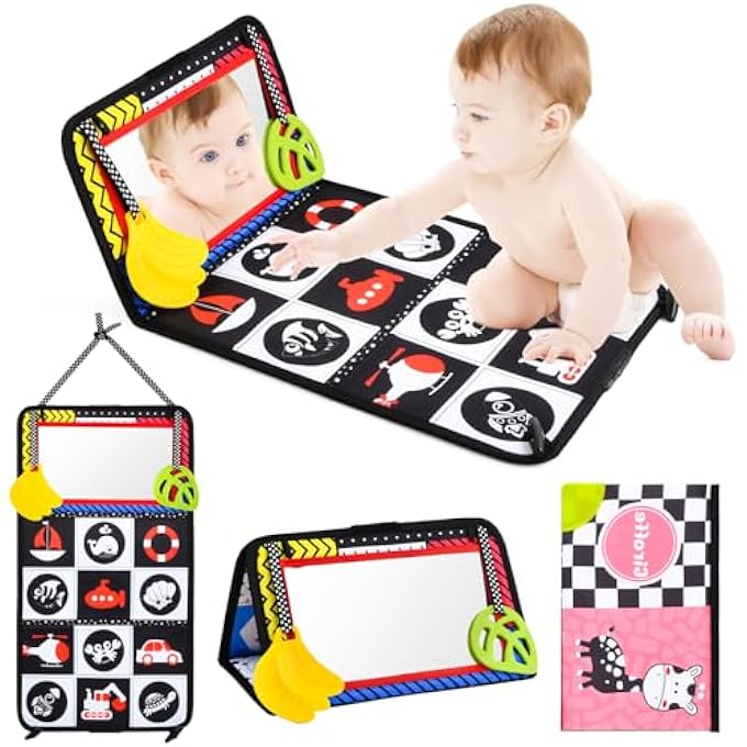 BABY MIRROR TOY WITH CRINKLE BOOK, FOLDABLE CHILDREN'S MIRROR WITH BLACK AND WHITE CONTRAST PATTERN, EARLY EDUCATION TOY FOR NEWBORNS, BABY SENSORY LEARNING TOY FOR 0-12 MONTHS - Image 1